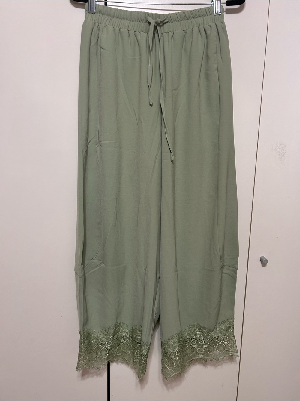 Sage Green Barrel Lace Trim Pants